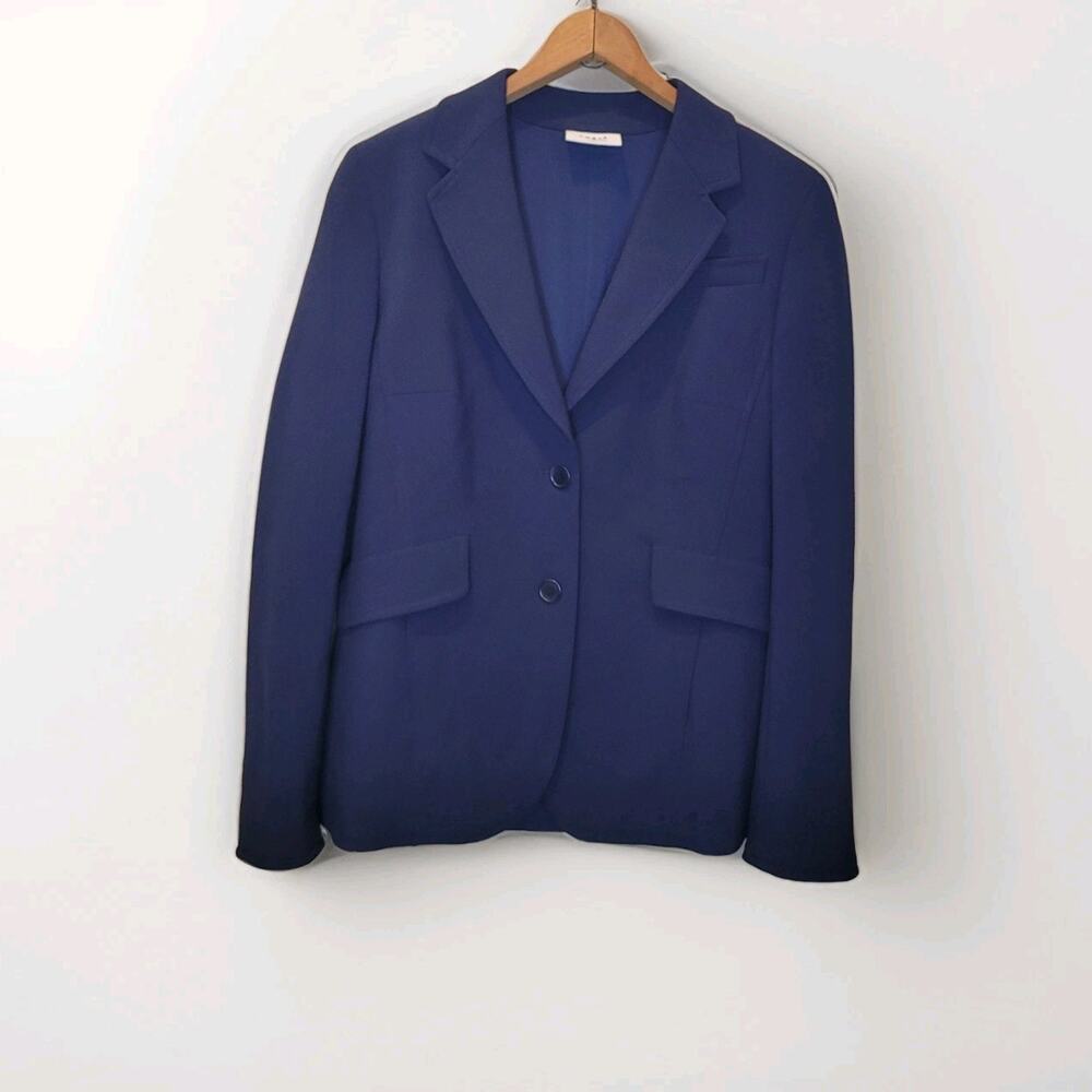 Akris Punto Navy Blue Two Button Blazer Suit Jacket Size 8 Belted Back Luxe